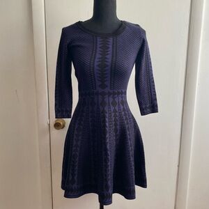 Nina Leonard Small Geometric Purple & Black Sweater Dress